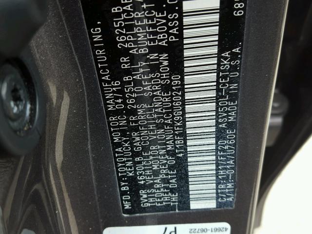 4T1BF1FK9GU602190 - 2016 TOYOTA CAMRY LE GRAY photo 10