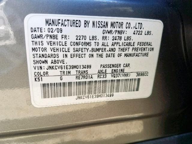 JNKCV61E39M013499 - 2009 INFINITI G37 BASE SILVER photo 10