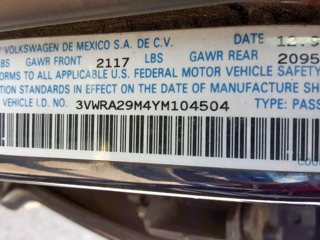 3VWRA29M4YM104504 - 2000 VOLKSWAGEN JETTA GL BLUE photo 10