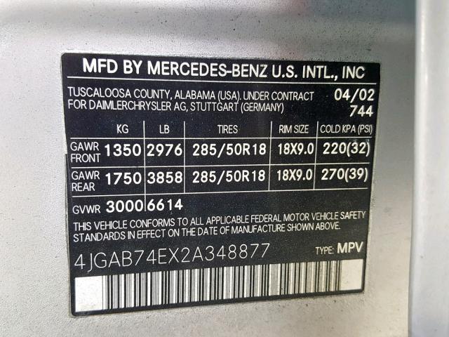 4JGAB74EX2A348877 - 2002 MERCEDES-BENZ ML 55 SILVER photo 10