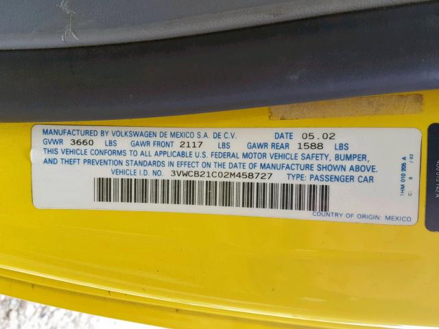 3VWCB21C02M458727 - 2002 VOLKSWAGEN NEW BEETLE 黄色 照片 10