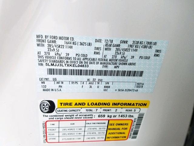 5LMJJ3LTXKEL04833 - 2019 LINCOLN NAVIGATOR WHITE photo 10