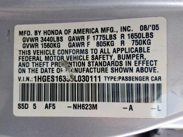 1HGES16355L030111 - 2005 HONDA CIVIC DX V SILVER photo 10