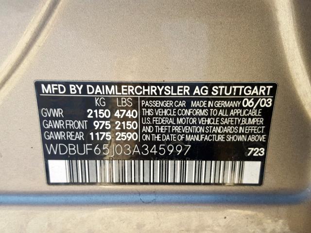 WDBUF65J03A345997 - 2003 MERCEDES-BENZ E 320 TAN photo 10