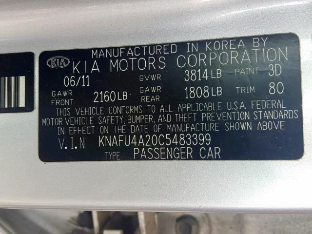 KNAFU4A20C5483399 - 2012 KIA FORTE EX SILVER photo 10