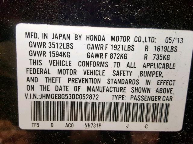 JHMGE8G53DC052872 - 2013 HONDA FIT SPORT BLACK photo 10