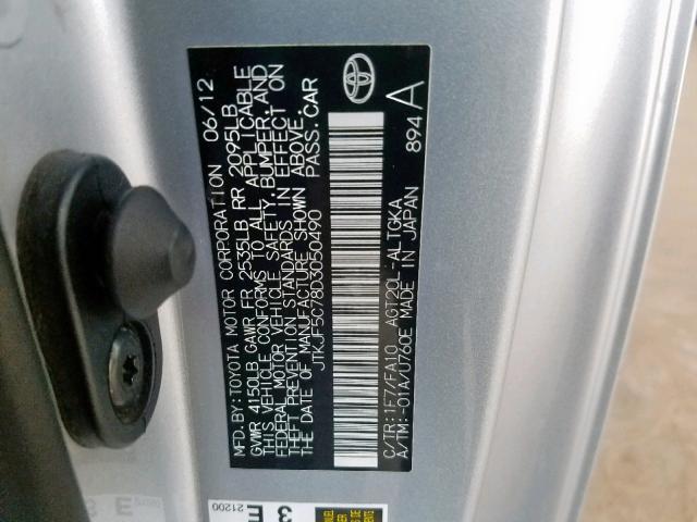 JTKJF5C78D3050490 - 2013 TOYOTA SCION TC ვერცხლისფერი ფოტო 10