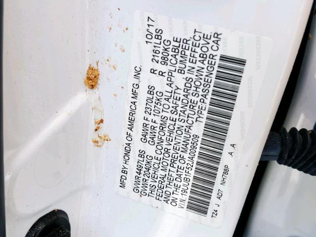 19UUB1F52JA009509 - 2018 ACURA TLX TECH WHITE photo 10