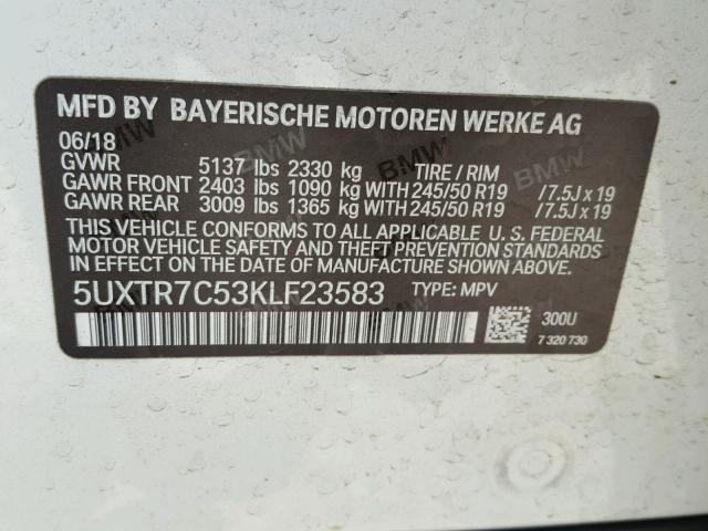 5UXTR7C53KLF23583 - 2019 BMW X3 SDRIVE3 WHITE photo 10