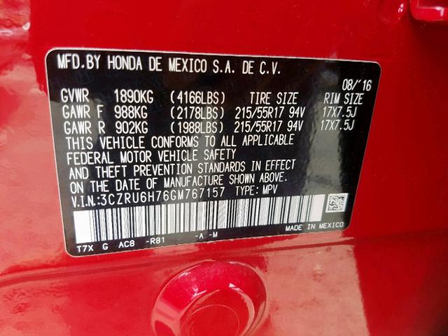 3CZRU6H76GM767157 - 2016 HONDA HR-V EXL RED photo 10