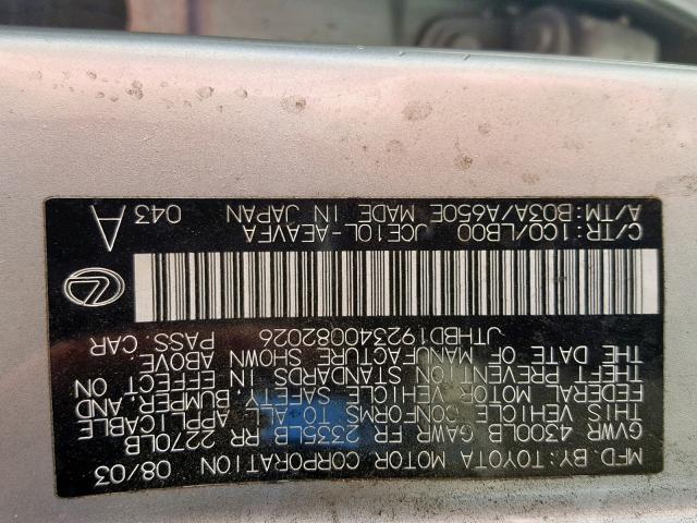 JTHBD192340082026 - 2004 LEXUS IS 300 GRAY photo 10