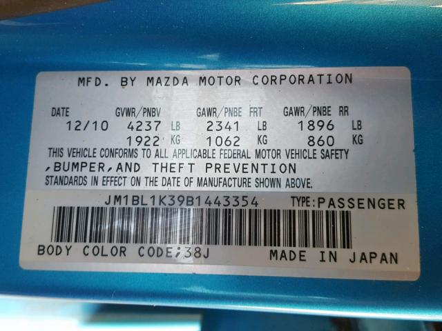 JM1BL1K39B1443354 - 2011 MAZDA SPEED 3 BLUE photo 10