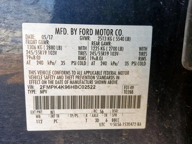 2FMPK4K96HBC02522 - 2017 FORD EDGE TITAN BLUE photo 10