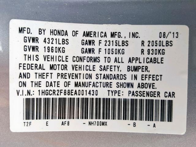 1HGCR2F88EA001430 - 2014 HONDA ACCORD EXL SILVER photo 10