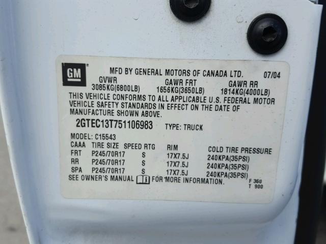 2GTEC13T751106983 - 2005 GMC NEW SIERRA WHITE photo 10