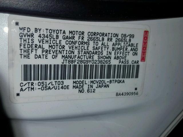 JT8BF28G9Y0238265 - 2000 LEXUS ES 300 WHITE photo 10