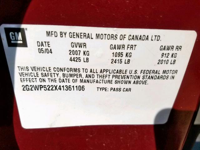 2G2WP522X41361106 - 2004 PONTIAC GRAND PRIX RED photo 10