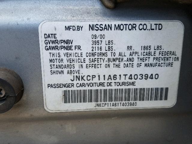 JNKCP11A61T403940 - 2001 INFINITI G20 SILVER photo 10