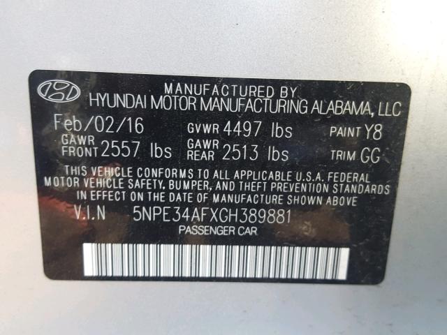 5NPE34AFXGH389881 - 2016 HYUNDAI SONATA SPO SILVER photo 10