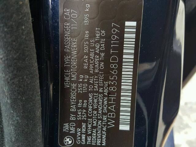 WBAHL83568DT11997 - 2008 BMW 750I BLUE photo 10