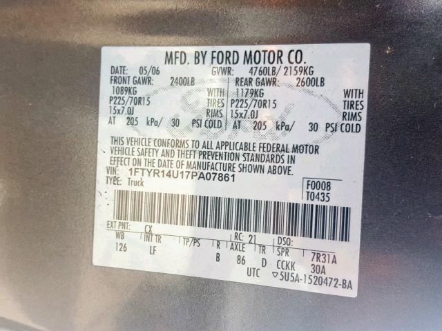 1FTYR14U17PA07861 - 2007 FORD RANGER SUP GRAY photo 10