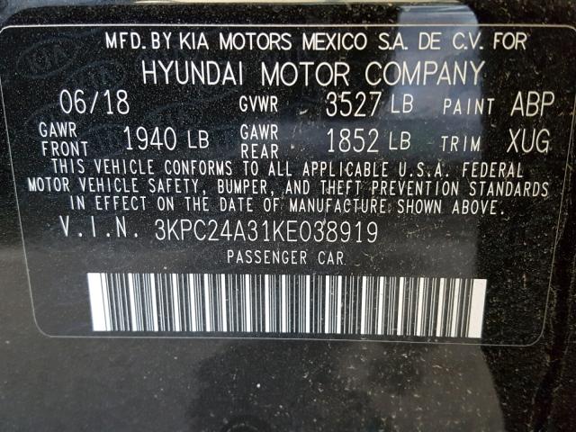 3KPC24A31KE038919 - 2019 HYUNDAI ACCENT SE BLACK photo 10