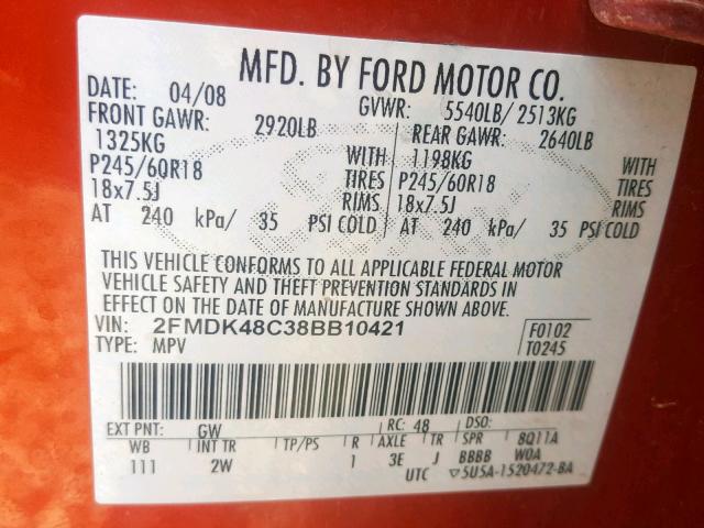 2FMDK48C38BB10421 - 2008 FORD EDGE SEL ORANGE photo 10