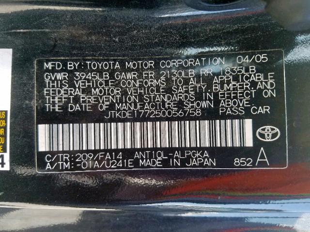 JTKDE177250056758 - 2005 TOYOTA SCION TC შავი ფოტო 10