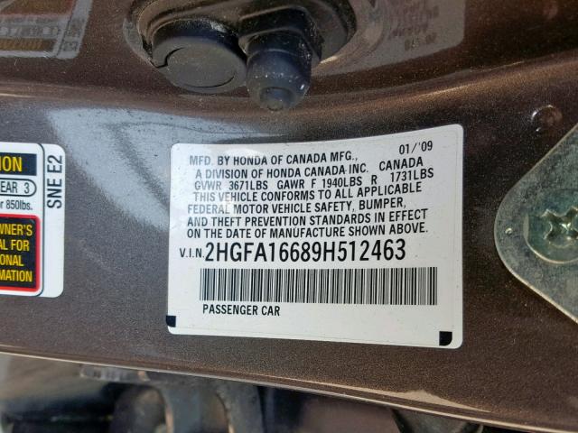 2HGFA16689H512463 - 2009 HONDA CIVIC LX-S 灰色 照片 10