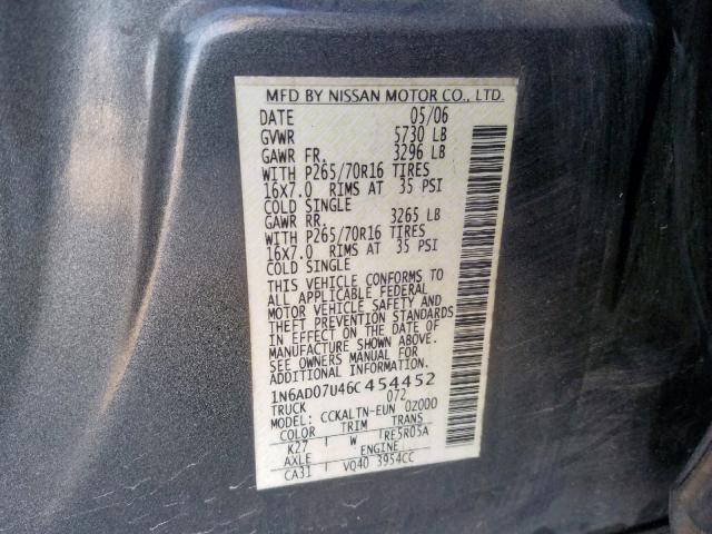 1N6AD07U46C454452 - 2006 NISSAN FRONTIER C GRAY photo 10