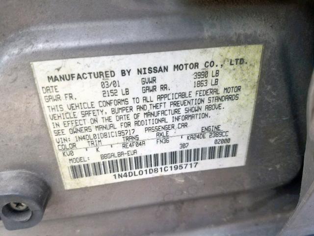 1N4DL01D81C195717 - 2001 NISSAN ALTIMA XE GOLD photo 10