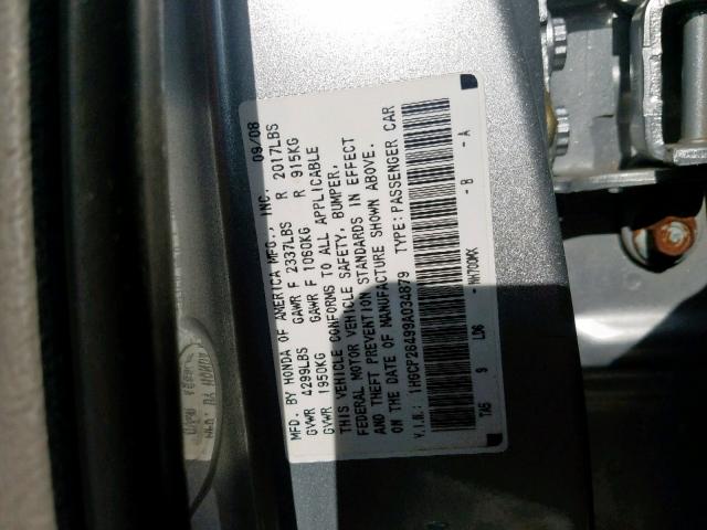 1HGCP26499A034879 - 2009 HONDA ACCORD LXP SILVER photo 10