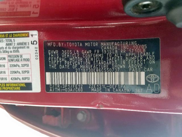 2T1BY30E86C550737 - 2006 TOYOTA COROLLA XR RED photo 10