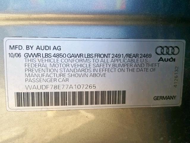 WAUDF78E77A107265 - 2007 AUDI A4 2.0T QU SILVER photo 10