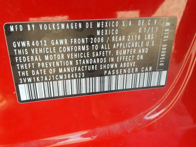 3VW1K7AJ1CM364523 - 2012 VOLKSWAGEN JETTA BASE RED photo 10