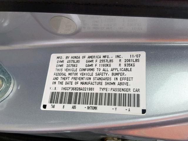 1HGCP36828A021981 - 2008 HONDA ACCORD EXL SILVER photo 10