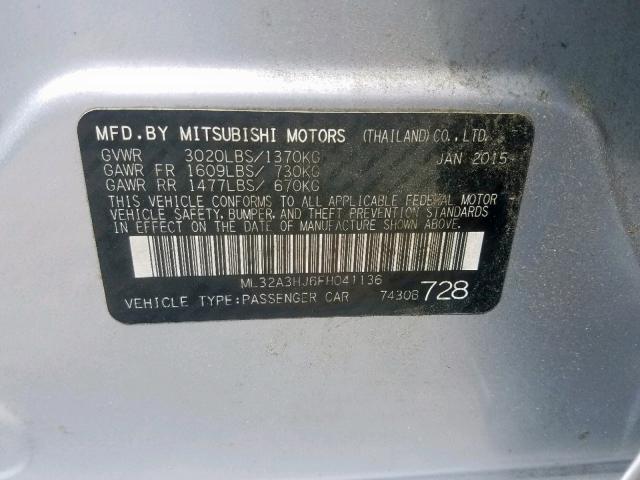 ML32A3HJ6FH041136 - 2015 MITSUBISHI MIRAGE DE SILVER photo 10