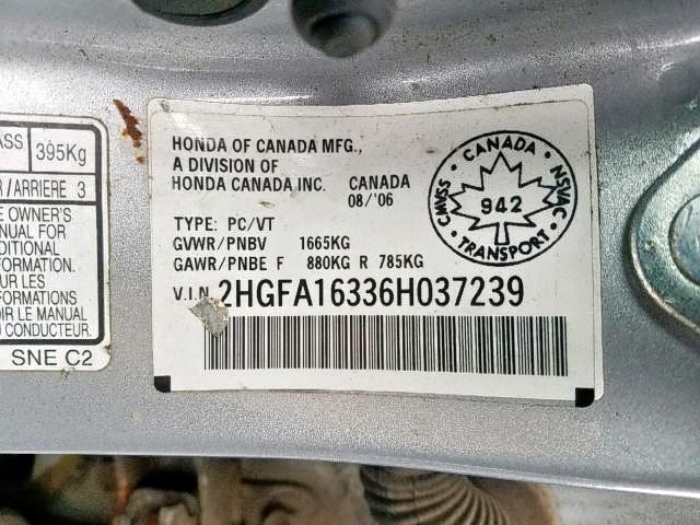 2HGFA16336H037239 - 2006 HONDA CIVIC DX V GRAY photo 9