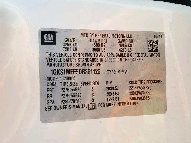 1GKS1MEF5DR361126 - 2013 GMC YUKON XL D CREAM photo 10