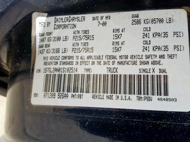 1B7GL2AN01S102514 - 2001 DODGE DAKOTA QUA BLUE photo 10