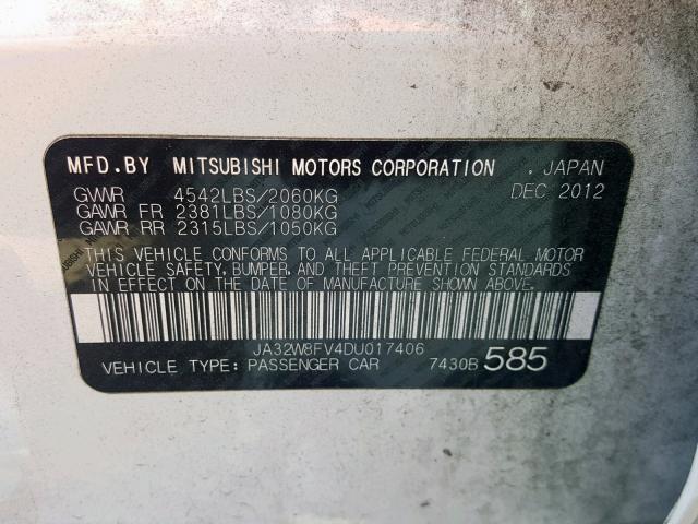 JA32W8FV4DU017406 - 2013 MITSUBISHI LANCER EVO WHITE photo 10