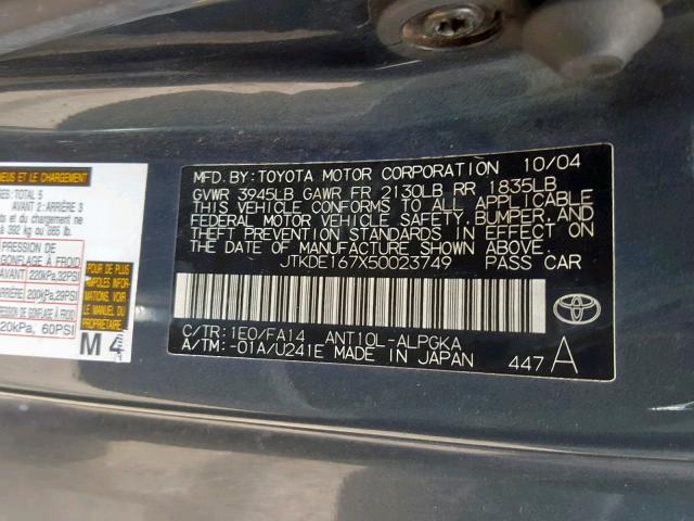 JTKDE167X50023749 - 2005 TOYOTA SCION TC გრაფიტი ფოტო 10