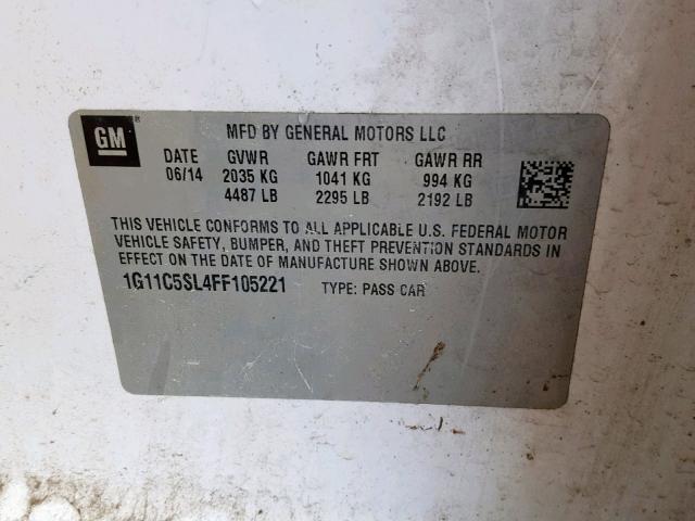 1G11C5SL4FF105221 - 2015 CHEVROLET MALIBU 1LT WHITE photo 10
