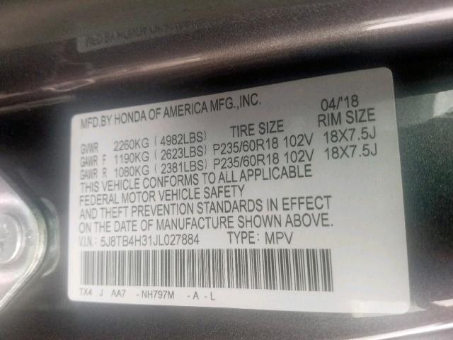 5J8TB4H31JL027884 - 2018 ACURA RDX GRAY photo 10