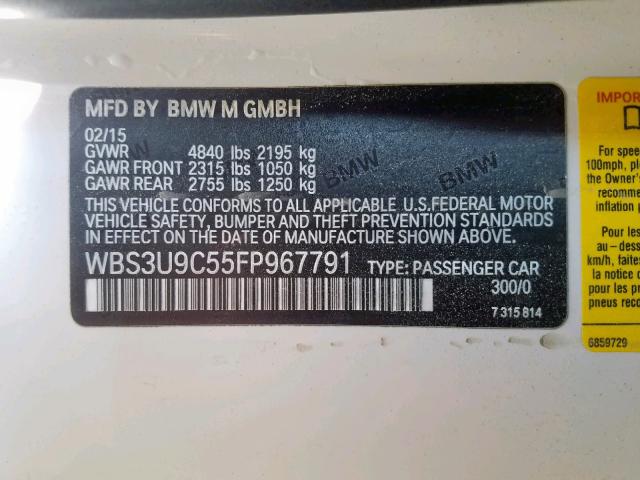 WBS3U9C55FP967791 - 2015 BMW M4 WHITE photo 10