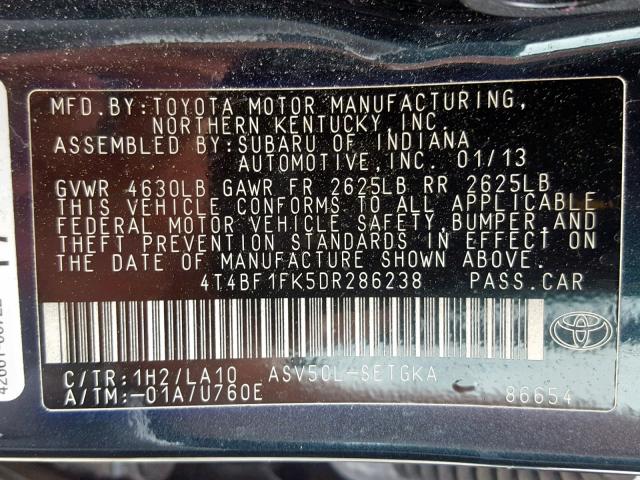 4T4BF1FK5DR286238 - 2013 TOYOTA CAMRY L BLUE photo 10