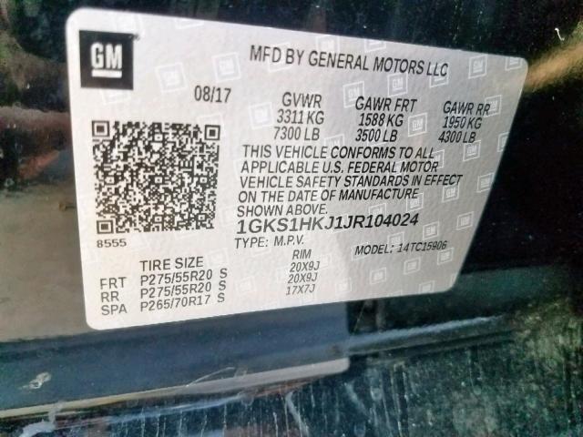 1GKS1HKJ1JR104024 - 2018 GMC YUKON XL D BLACK photo 10