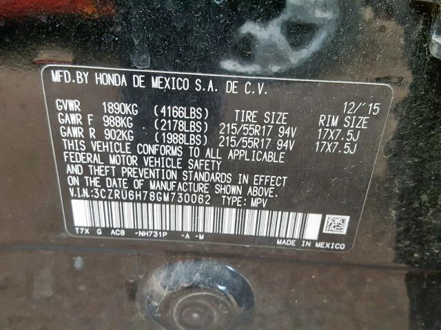 3CZRU6H78GM730062 - 2016 HONDA HR-V EXL BLACK photo 10