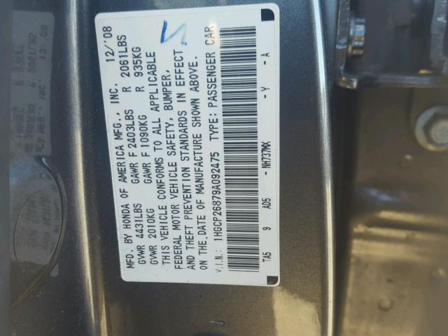 1HGCP26879A092475 - 2009 HONDA ACCORD EXL GRAY photo 10