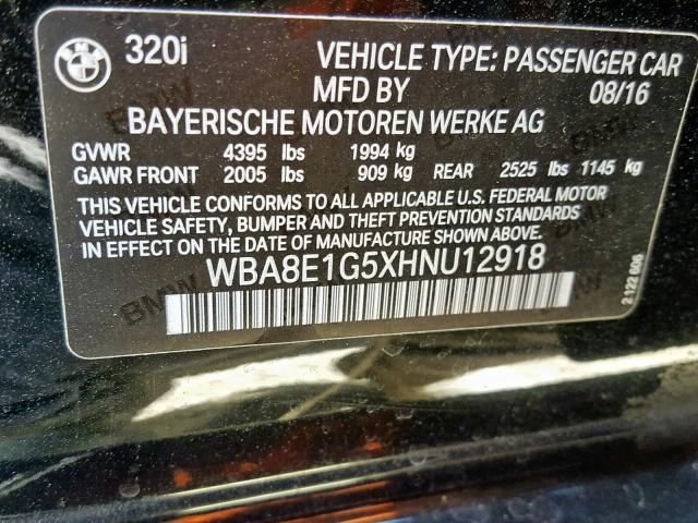 WBA8E1G5XHNU12918 - 2017 BMW 320 I BLACK photo 10